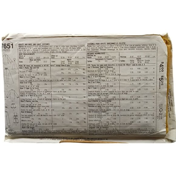 Simplicity 7651 Vintage Costume Sewing Pattern Adult L 40-42 - Picture 2 of 2